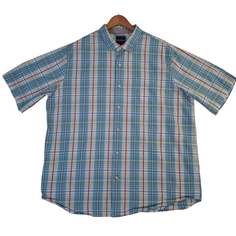 Tommy Bahama Plaid Camp Shirt Blue Mens 2XT Blue Cotton Silk Short Sleeve